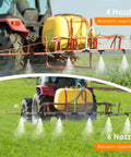 Tractor with Beefy Six Adjustable Nozzles Poly Boom Wand spraying field, showing 4 and 6 nozzle configurations.