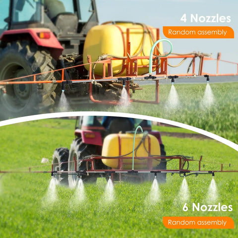 Tractor with Beefy Six Adjustable Nozzles Poly Boom Wand spraying field, showing 4 and 6 nozzle configurations.