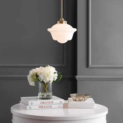 Brass Gold White Modern Dope Schoolhouse LED Pendant Light Fixture with 9.5 Inch Drop Adjustable Hanging Lamp in dining room