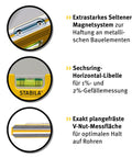 Heavy Duty Torpedo Spirit Level With Knockout Rare Earth Magnet And Carry Bag showing strong magnet system and horizontal vials.