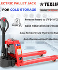 Cold Storage Power Pallet Jack Rated To Zero Degrees Fahrenheit Forty Four Hundred Lb Capacity Walkie Electric Forklift With Lithium Battery And Forty Eight Volt System For Freezer Warehouse Duties in a cold storage setting.