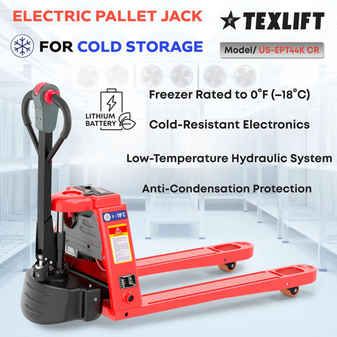 Cold Storage Power Pallet Jack Rated To Zero Degrees Fahrenheit Forty Four Hundred Lb Capacity Walkie Electric Forklift With Lithium Battery And Forty Eight Volt System For Freezer Warehouse Duties in a cold storage setting.