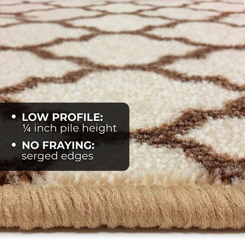 Close-up of low profile texture on Set Of Attachable Indoor Carpet Stair Treads Moroccan Trellis Lattice Vanilla Cream And Coffee Brown 8 By 26 Inch Non Slip Grip With Easy Hook And Loop Fastening For Safe Cozy Stairs
