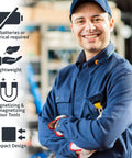 Smiling worker in blue uniform with icons showcasing features of demagnetizer and magnetizer for tools