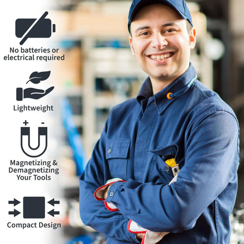 Smiling worker in blue uniform with icons showcasing features of demagnetizer and magnetizer for tools