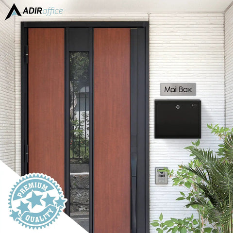 Heavy Duty Wall Mount Deposit Box With Lock And Slot For Payments And Checks, black box next to wooden door.