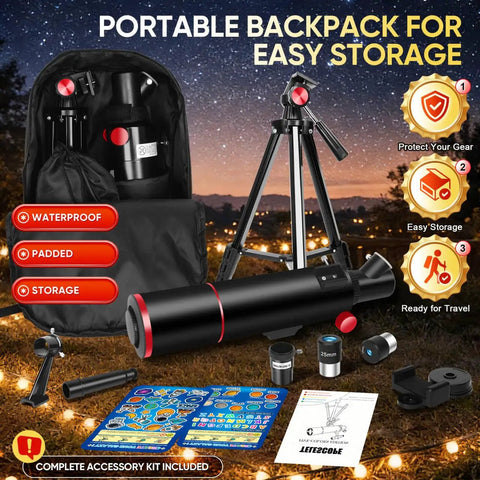 Beginner Friendly Telescope for Kids and Families With 80mm Aperture and 500mm Focal Length, tripod, and backpack kit