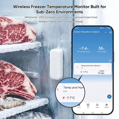 WiFi Freezer Thermometer With App Alerts And Two Wireless Fridge Sensors For Real Time Temperature Monitoring, Waterproof IP65 Probes, Instant Phone Notifications If Temperatures Go Out Of Range, in freezer with phone app