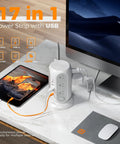 Tower Power Strip With 12 Outlets And 5 USB Ports, Including 2 USB C, Individual Switches, 10 Ft Flat Extension Cord, 1250W Surge Protector, All In One Charging Station For Office Or Dorm, Grey on desk