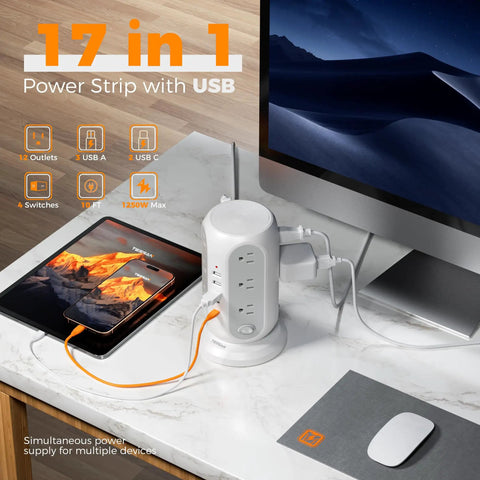 Tower Power Strip With 12 Outlets And 5 USB Ports, Including 2 USB C, Individual Switches, 10 Ft Flat Extension Cord, 1250W Surge Protector, All In One Charging Station For Office Or Dorm, Grey on desk