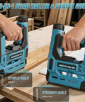 Badass Heavy Duty 18 Gauge Cordless Brad Nailer And Crown Stapler Combo With Fast Charger showing dual use for brad nails and staples.
