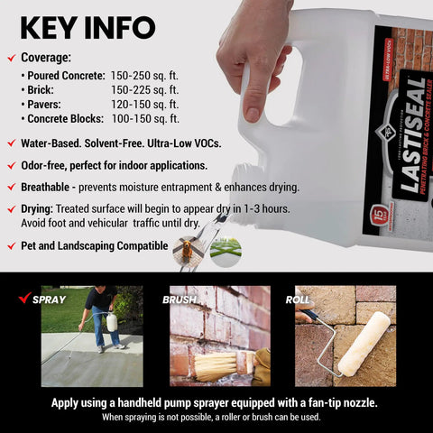 Rock Solid Deep Penetrating Brick And Concrete Sealer in a spray container demonstrating application methods on concrete and brick.