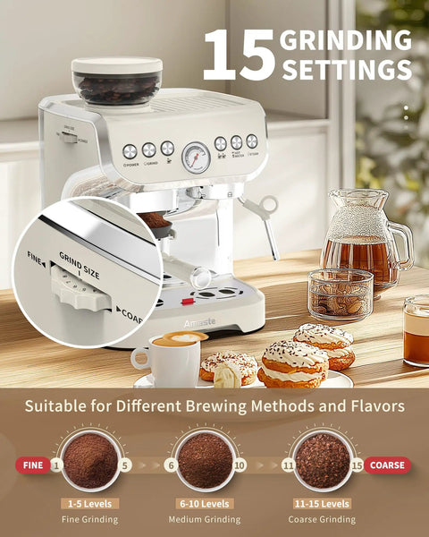 Retro White Espresso Machine With Built In Grinder And Steam Wand Featuring Pre Infusion For A Smooth Daily Grind showing 15 grind settings.