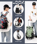Rolling Backpack for Boys With Wheels Classic Trolley School Bag featuring colorful pattern and green design shown being worn and pulled.