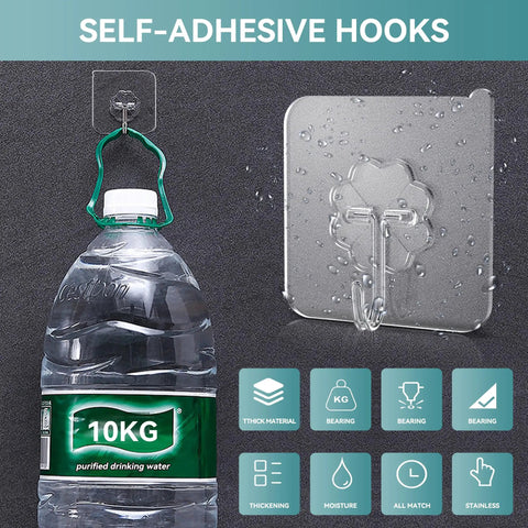 Heavy Duty Sticky Hooks No Drill Hassle, Clear Self Adhesive Wall Tacks For Kitchen Bathroom And Shower, Strong waterproof backing holding 10kg