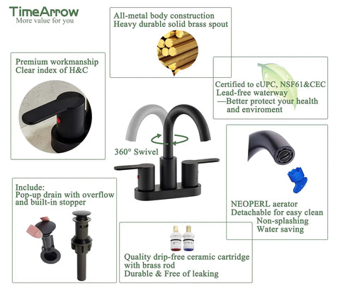Must Have Matte Black Two Handle Centerset Bathroom Sink Faucet With Pop Up Drain High Arc 4 Inch Vanity Lavatory For 3 Hole Install Brass 360 Degree Swivel Spout Durable Ceramic Cartridge cUPC NSF61 CEC Certified diagram and features