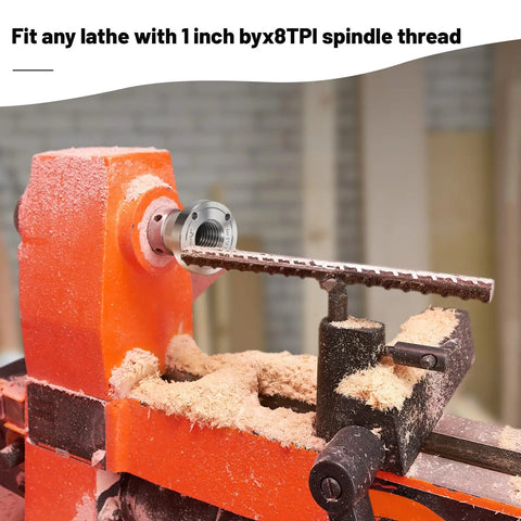 Heavy Duty 3 Inch Steel Wood Lathe Faceplate With 1 Inch By 8 Tpi Thread installed on lathe with wood shavings