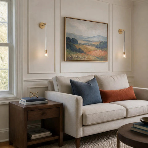 XYDikssn Crystal Wall Sconces, Brushed Gold Brass Wall Lights with Clear Crystal Glass beside a sofa in a cozy living room.