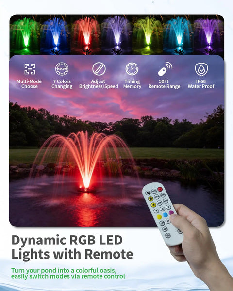 Floating Fountain And Aerator All In One Kit With LED Lights For Ponds Lakes And Water Gardens, remote control in use
