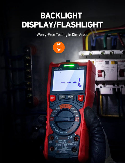 Digital Multimeter TRMS 20000 Counts With Auto Ranging in dimly lit setting, displaying -1 reading