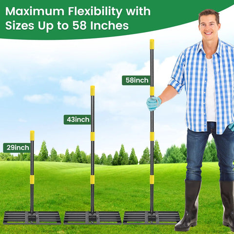 Heavy Duty Lawn Leveling Rake With 30 By 10 Inch Plate Anti Flip Edge shown in 29, 43, 58 inch sizes with man holding handle