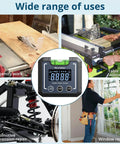 Heavy Duty Digital Angle Finder And Smart Inclinometer With Rock Solid Magnetic Base And Bright Backlight Display Accurate To Point One Degree Flawless For Woodwork And Fab Jobs used in carpentry and automotive work.