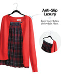 Ultra Thin Velvet No Slip Pants Hangers With Clips 10 Pack demonstrating anti-slip with red cardigan and plaid skirt