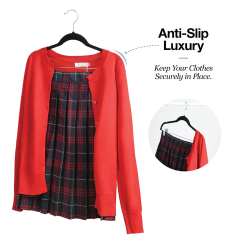 Ultra Thin Velvet No Slip Pants Hangers With Clips 10 Pack demonstrating anti-slip with red cardigan and plaid skirt
