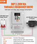 Beefy 3HP VFD Inverter For AC Motors 2.2KW 10A 1 Phase 220V To 240V Input To 3 Phase 220V To 240V Output 0 To 400 Hz Variable Frequency Drive With Soft Start And Slick Speed Control, wiring diagram