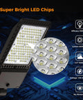 Close-up of Beefy 240W LED Parking Lot Light With 60,000 Lumens Of 6000K Daylight showing LED chips and specifications.