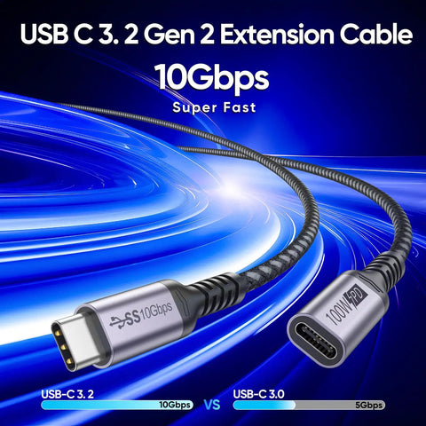 Straight Up Go Fast USB C Extension Cable 6.6 Feet Long Featuring Legit 10Gbps Data Sync and Crisp 4K 60Hz Video Playback Plus A Solid 100W Quick Charge Upgrade For Daily Tech Routines, showing USB C 3.2 Gen 2 cable with braided design.