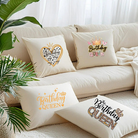 Birthday Queen Iron On Transfer Kit With 4 Styles Washable Heat Transfers on beige sofa cushions, showcasing birthday designs.