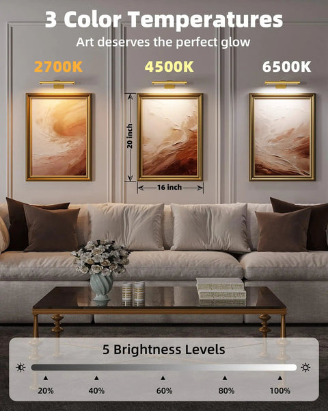 Rechargeable Picture Light For Wall With Remote Control Three Pack Sweet Stick On Magnetic Mount No Fuss Install Ultra Bright Frame Accent Lamp showing 3 color temperatures and brightness levels.