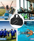 14 Inch Small Gym Bag For Women And Men, Mini Duffle For Travel And Sports shown with activities like gym, swim, sports, short trips