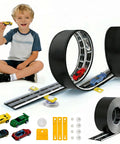 Child playing with Ultra Long 16.4-Foot Flexible Race Track For Kids 3 And Up, Dual Lane Roll-Up Set With 4 Cars