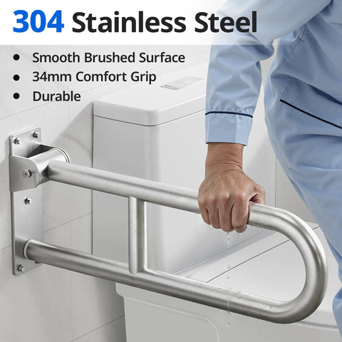 Heavy Duty Toilet Grab Bar Flip Up Folding Safety Handrail For Bathroom Wall Mount 304 Stainless Steel with comfort grip.