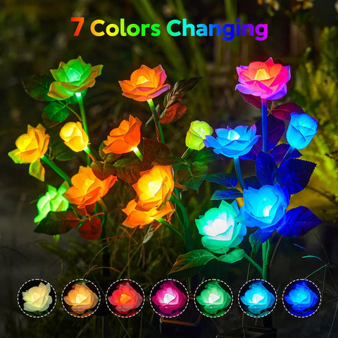 Solar Garden Lights Outdoor Decorative 3 Pack Rose Flower Pathway Lights With 7 Color Changing LEDs on display at night