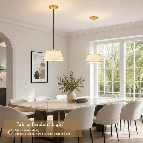AyshwillDec 10" Modern Gold Linen Pendant Light Dining Room Bulb Included over a dining table with a modern design.