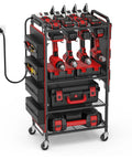 Front view of Power Tool Organizer Cart With Charging Station And Heavy Duty Tool Bag For Garage And Workshop, Battery Holder Storage Rack With 8 Outlet Power Strip And Rolling Utility Shelf On Wheels, showing shelves with tools, red tool bags, and charging drill slots on wheels.