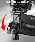 Close-up of tool-free jam release on 2 in 1 Pneumatic Brad Nailer And Stapler 18 Gauge Air Nail Gun For Upholstery And Woodworking