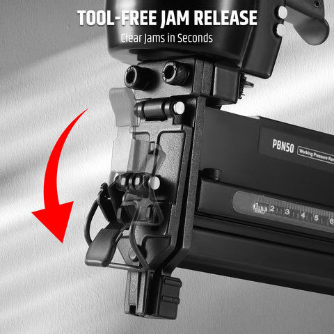 Close-up of tool-free jam release on 2 in 1 Pneumatic Brad Nailer And Stapler 18 Gauge Air Nail Gun For Upholstery And Woodworking