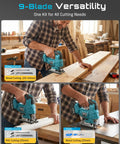 Badass Brushless Cordless Jigsaw Featuring Dual Four Ah Batteries And Rock Solid Variable Speed Settings For Lightning Fast Precision Cuts On Wood And Steel Projects in action cutting wood, PVC, and metal.