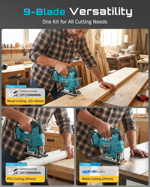 Badass Brushless Cordless Jigsaw Featuring Dual Four Ah Batteries And Rock Solid Variable Speed Settings For Lightning Fast Precision Cuts On Wood And Steel Projects in action cutting wood, PVC, and metal.