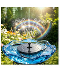 2.8W Solar Fountain Pump for Bird Bath and Outdoor Garden in use, floating water feature, rainbow effect, sunny day