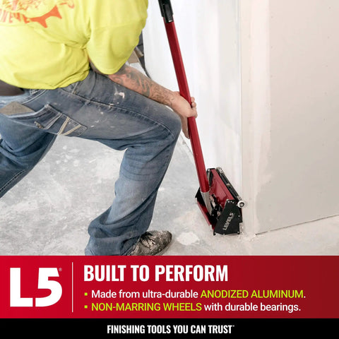 Person using 12 Inch Drywall Flat Finishing Box With Handle For Even Joint Compound Application On Walls And Ceilings, Pro Grade Quick Clean Mud Tool For Sheetrock Gyprock Plasterboard And Wallboard with L5 branding