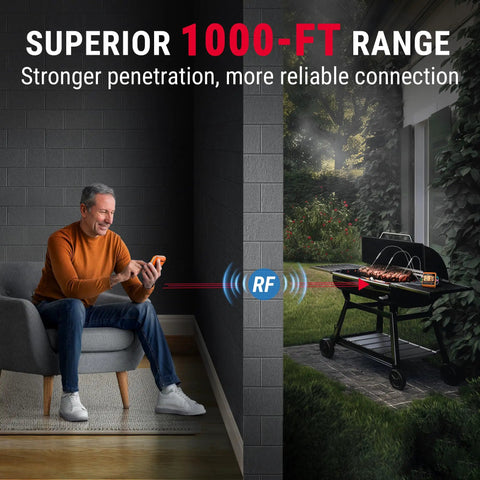 Man using Wireless Meat Thermometer With Four Probes For Grilling And Smoking Up To 1000 Feet RF Remote BBQ Thermometer For Outdoor Cooking