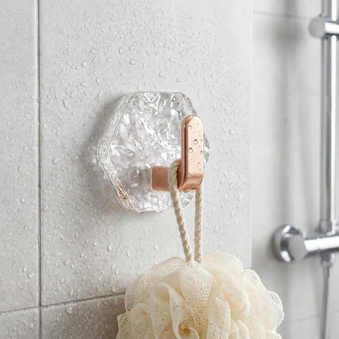 Water Ripple Hexagonal Adhesive Wall Hooks, Super Grippy No Drill Bathroom And Kitchen Organization System For Hanging Towels Keys Or Cozy Decor, Zero Mess Waterproof Setup You Will Honestly Love, hexagonal hook holding a shower pouf.