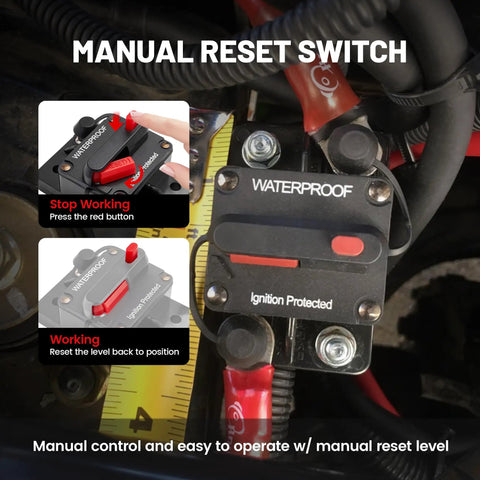 Heavy Duty 250A DC Circuit Breaker Fuse Holder With Manual Reset Switch 12V-24V installed in an electrical system showing reset switch