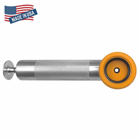 Oil Sampling Pump That Makes Oil Analysis Quick And Safe No Fuss Vacuum Release Valve For Spill Free Sampling Fits 5/16 Inch, 1/4 Inch And 3/16 Inch Hoses Made In USA, aluminum and plastic with USA flag.