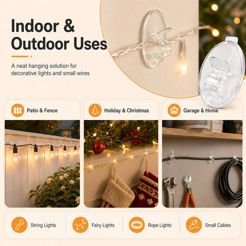 Heavy Duty Clear Adhesive Hooks For Outdoor String Lights, Weatherproof Self Adhesive Clips Deliver Killer Grip, 20 Pack Hangs Legit Tight On Wood Vinyl Siding And Gutters Even When Wet Weather Hits